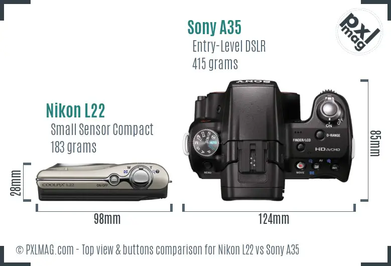 Nikon L22 vs Sony A35 top view buttons comparison