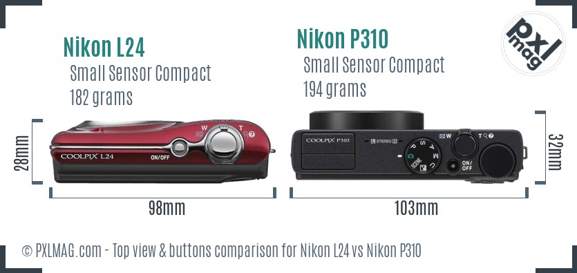 Nikon L24 vs Nikon P310 top view buttons comparison