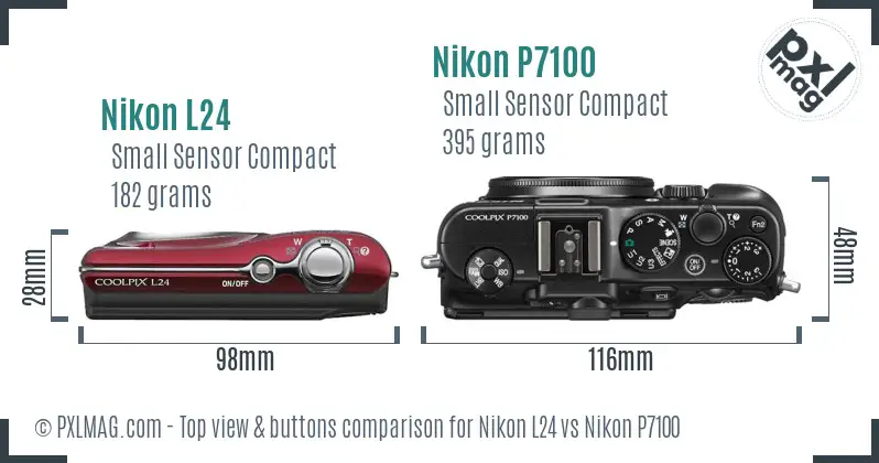 Nikon L24 vs Nikon P7100 top view buttons comparison