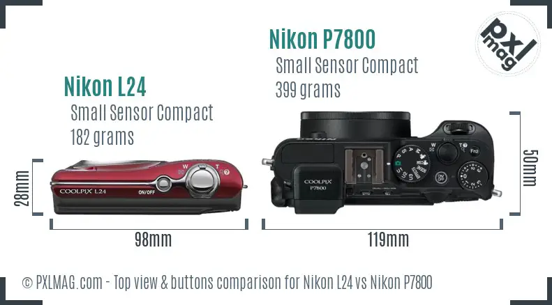 Nikon L24 vs Nikon P7800 top view buttons comparison