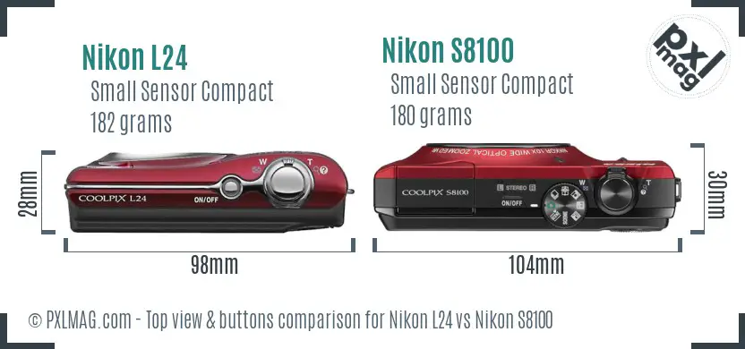 Nikon L24 vs Nikon S8100 top view buttons comparison