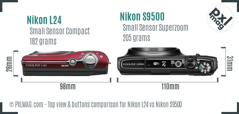 Nikon L24 vs Nikon S9500 top view buttons comparison