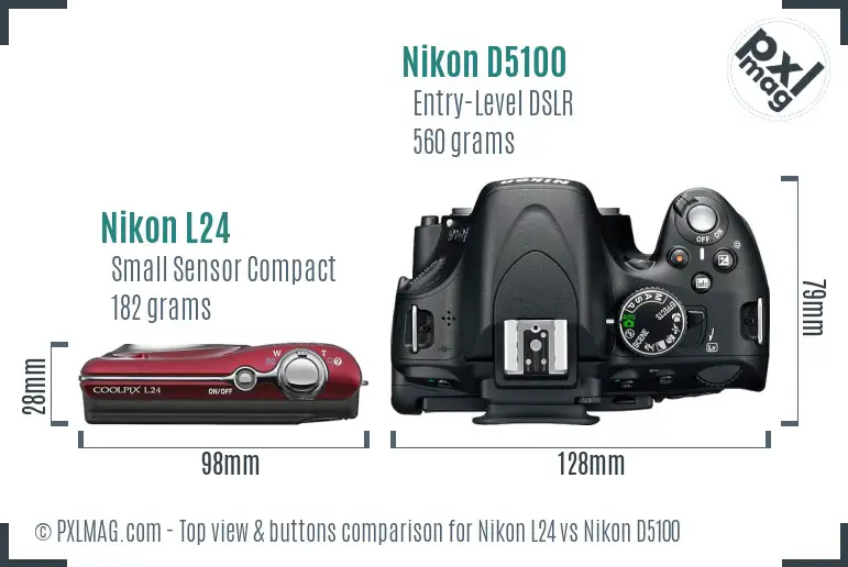 Nikon L24 vs Nikon D5100 top view buttons comparison