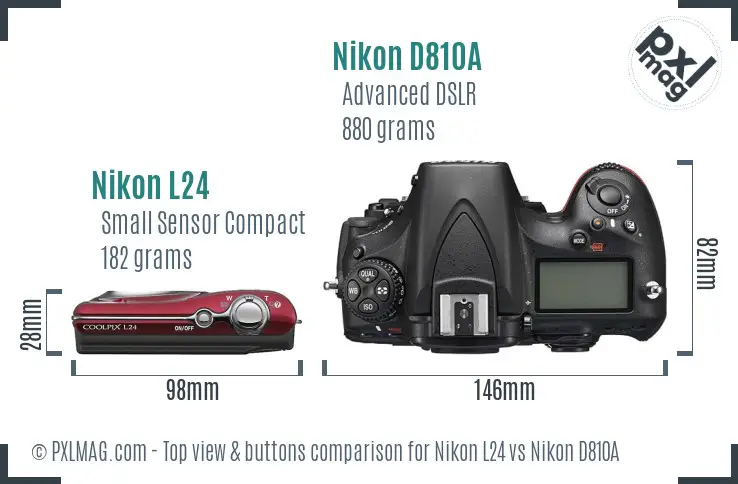 Nikon L24 vs Nikon D810A top view buttons comparison