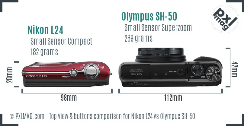 Nikon L24 vs Olympus SH-50 top view buttons comparison Nikon L24 vs Olympus SH-50 top view buttons comparison