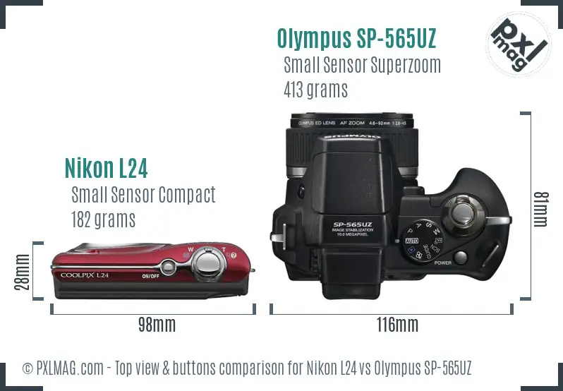 Nikon L24 vs Olympus SP-565UZ top view buttons comparison