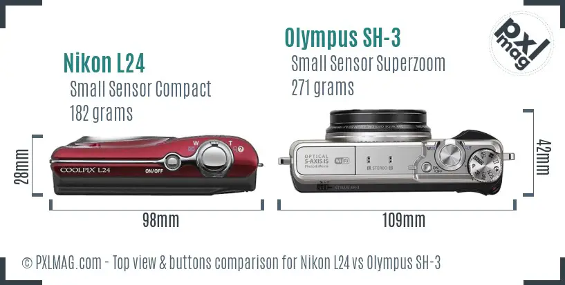 Nikon L24 vs Olympus SH-3 top view buttons comparison