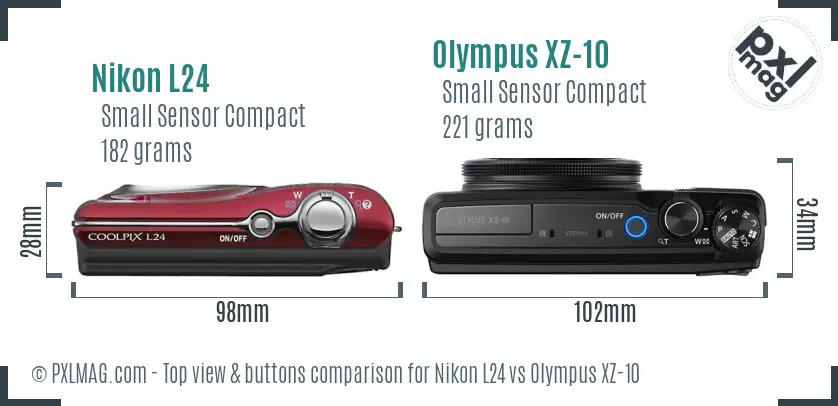 Nikon L24 vs Olympus XZ-10 top view buttons comparison Nikon L24 vs Olympus XZ-10 top view buttons comparison