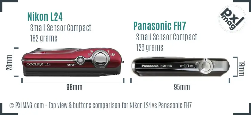 Nikon L24 vs Panasonic FH7 top view buttons comparison Nikon L24 vs Panasonic FH7 top view buttons comparison