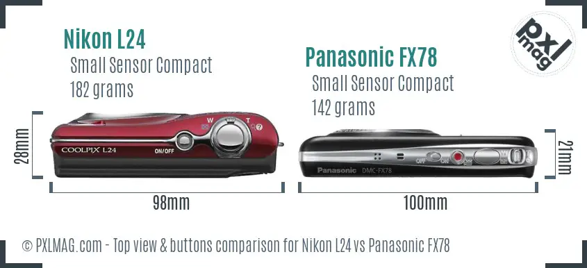 Nikon L24 vs Panasonic FX78 top view buttons comparison Nikon L24 vs Panasonic FX78 top view buttons comparison