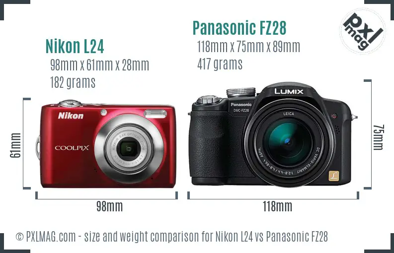 Nikon L24 vs Panasonic FZ28 size comparison