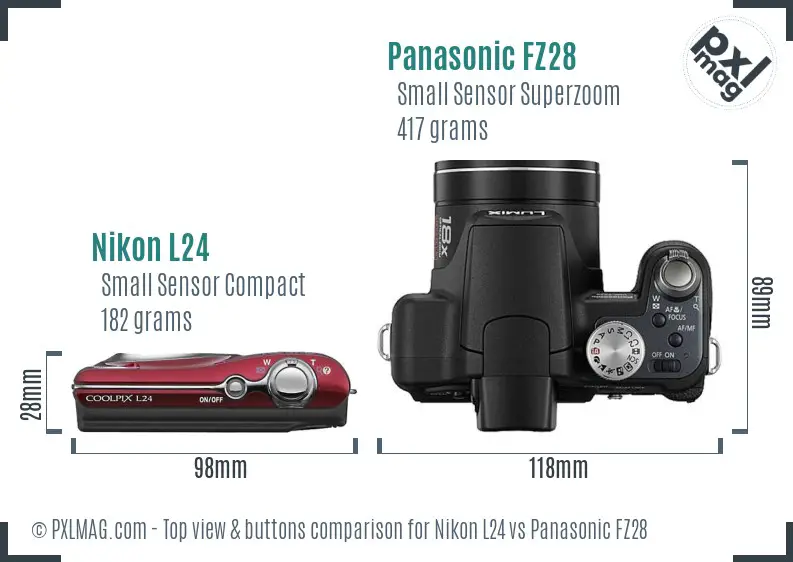 Nikon L24 vs Panasonic FZ28 top view buttons comparison