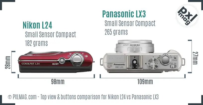 Nikon L24 vs Panasonic LX3 top view buttons comparison