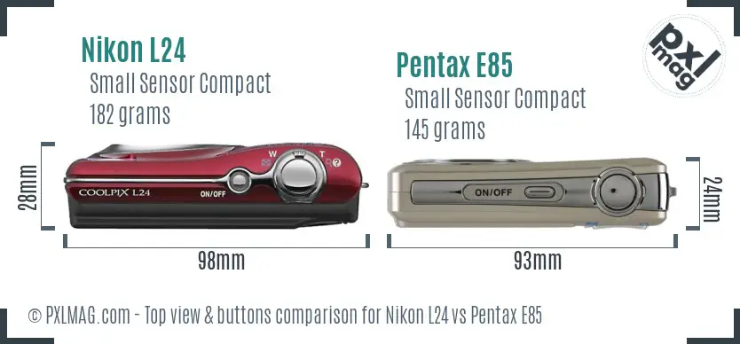 Nikon L24 vs Pentax E85 top view buttons comparison