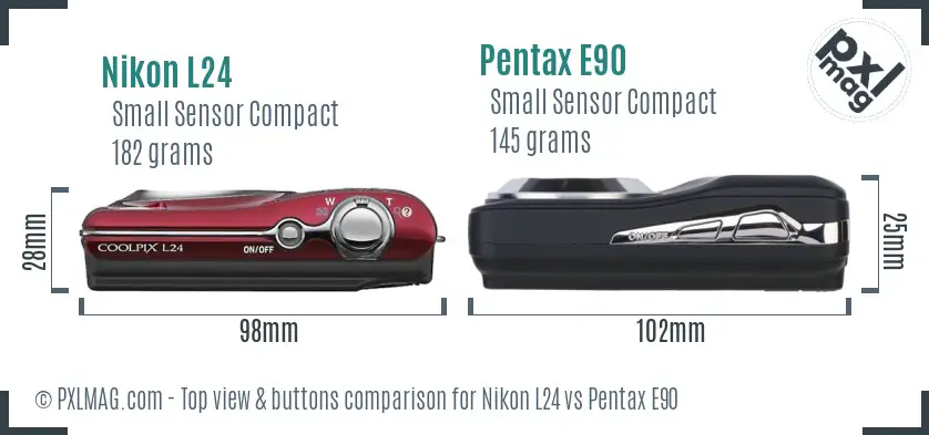 Nikon L24 vs Pentax E90 top view buttons comparison