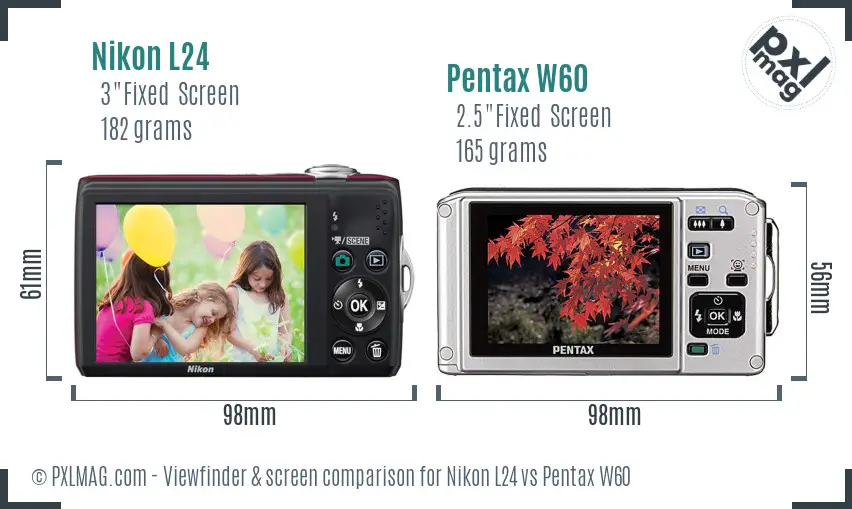 Nikon L24 vs Pentax W60 Screen and Viewfinder comparison