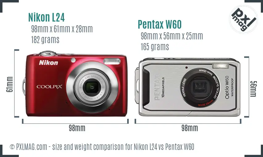 Nikon L24 vs Pentax W60 size comparison