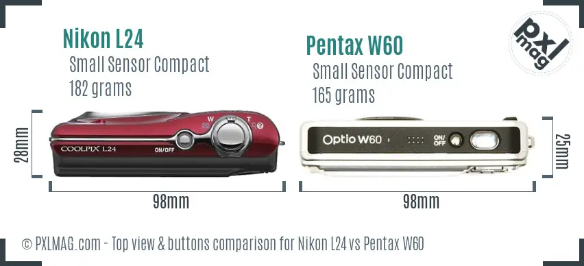Nikon L24 vs Pentax W60 top view buttons comparison