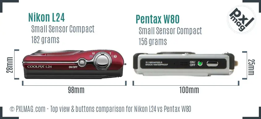 Nikon L24 vs Pentax W80 top view buttons comparison