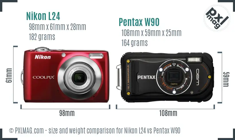 Nikon L24 vs Pentax W90 size comparison
