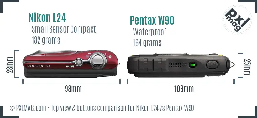 Nikon L24 vs Pentax W90 top view buttons comparison