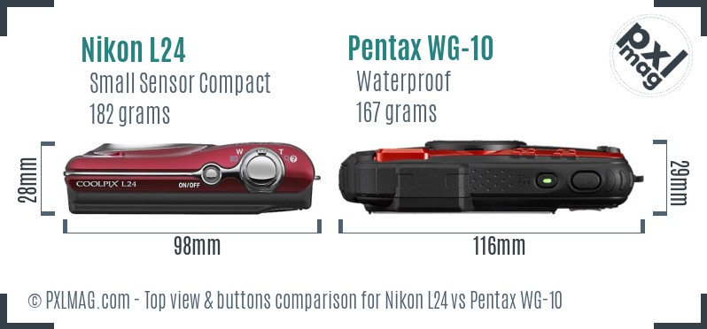 Nikon L24 vs Pentax WG-10 top view buttons comparison