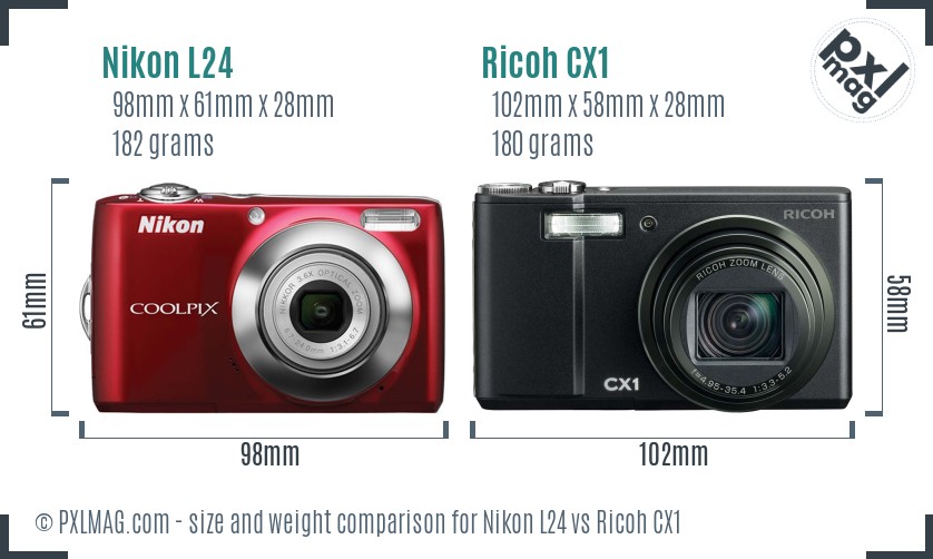 Nikon L24 vs Ricoh CX1 size comparison
