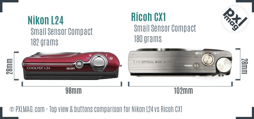 Nikon L24 vs Ricoh CX1 top view buttons comparison