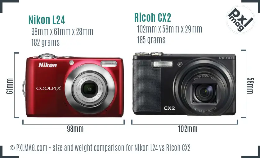 Nikon L24 vs Ricoh CX2 size comparison