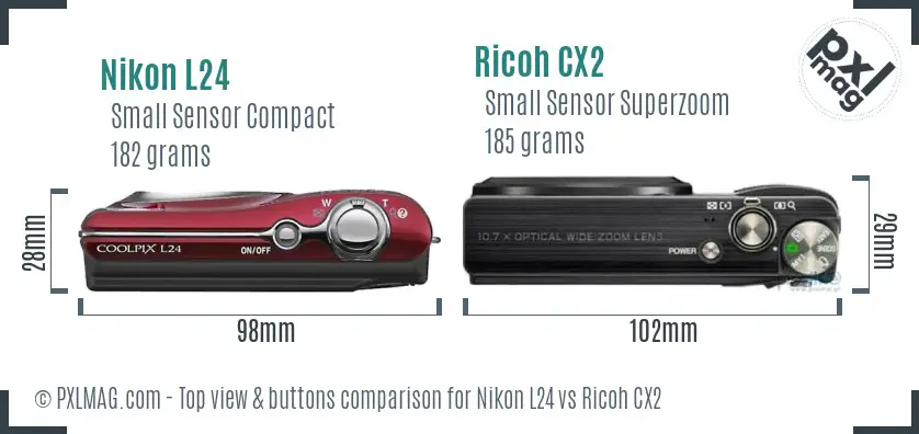 Nikon L24 vs Ricoh CX2 top view buttons comparison