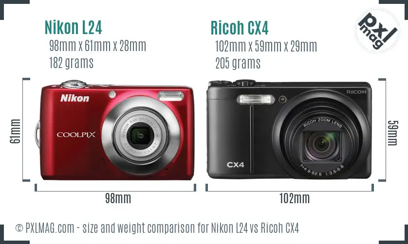 Nikon L24 vs Ricoh CX4 size comparison