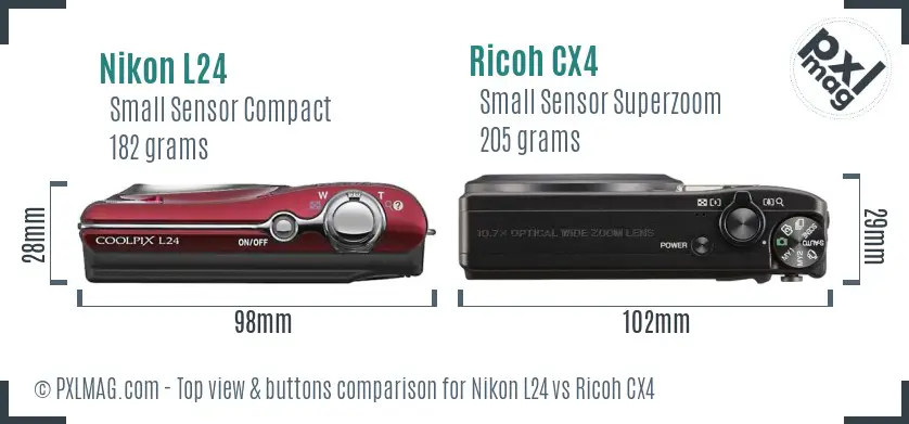 Nikon L24 vs Ricoh CX4 top view buttons comparison