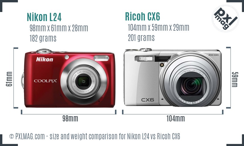 Nikon L24 vs Ricoh CX6 size comparison