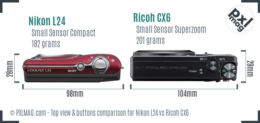 Nikon L24 vs Ricoh CX6 top view buttons comparison