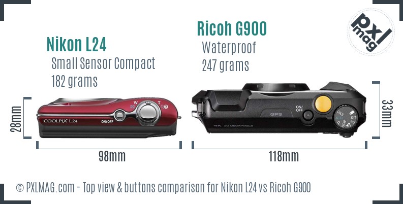 Nikon L24 vs Ricoh G900 top view buttons comparison