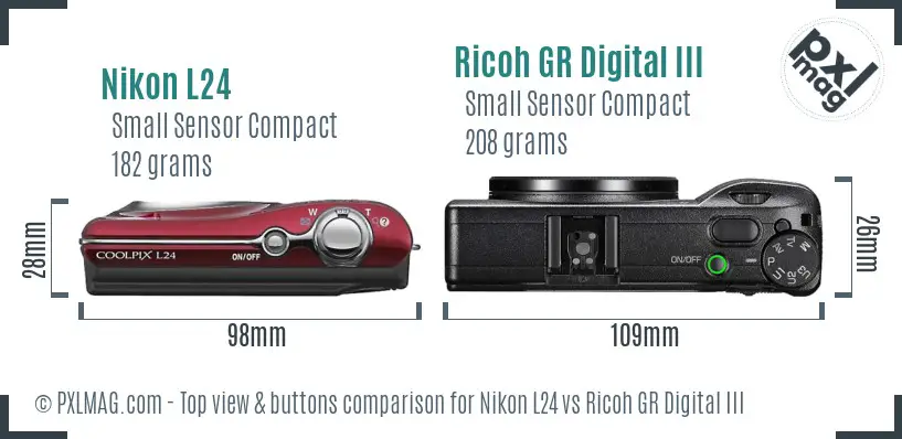 Nikon L24 vs Ricoh GR Digital III top view buttons comparison
