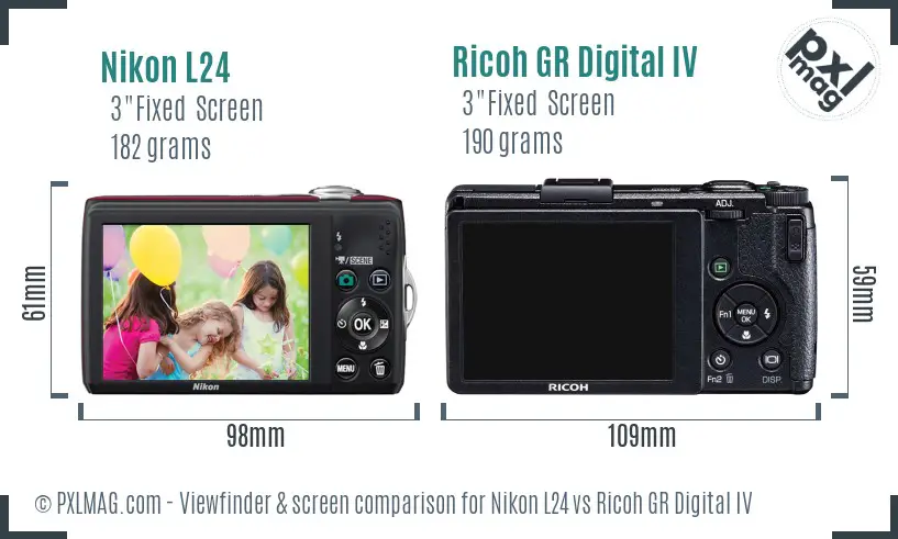 Nikon L24 vs Ricoh GR Digital IV Screen and Viewfinder comparison