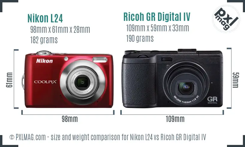 Nikon L24 vs Ricoh GR Digital IV size comparison