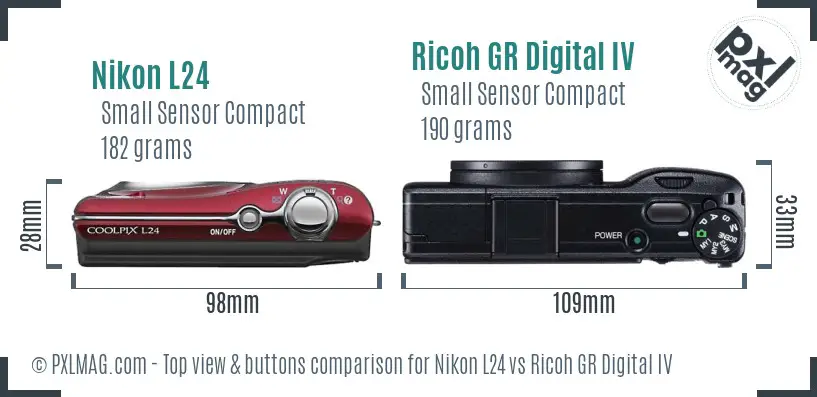 Nikon L24 vs Ricoh GR Digital IV top view buttons comparison
