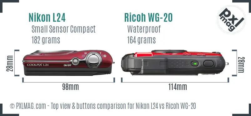 Nikon L24 vs Ricoh WG-20 top view buttons comparison