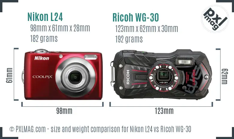 Nikon L24 vs Ricoh WG-30 size comparison
