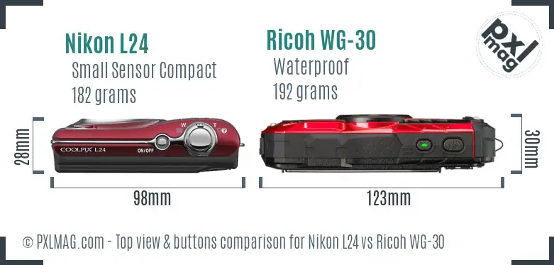 Nikon L24 vs Ricoh WG-30 top view buttons comparison