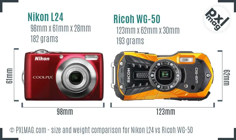 Nikon L24 vs Ricoh WG-50 size comparison