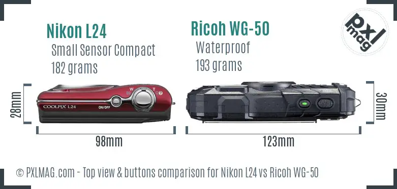 Nikon L24 vs Ricoh WG-50 top view buttons comparison