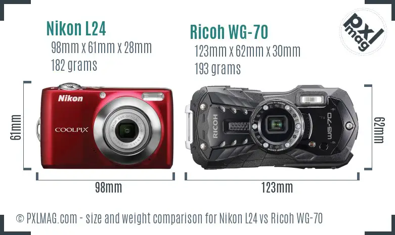 Nikon L24 vs Ricoh WG-70 size comparison