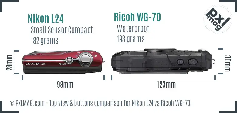 Nikon L24 vs Ricoh WG-70 top view buttons comparison