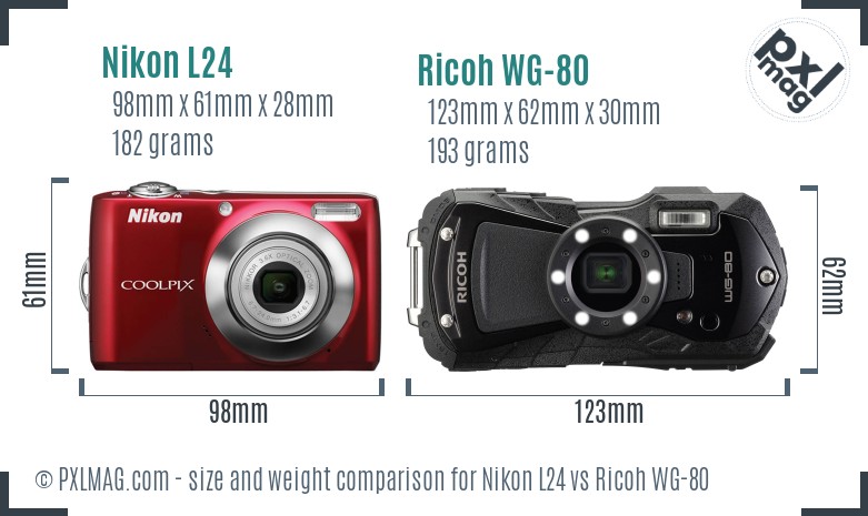 Nikon L24 vs Ricoh WG-80 size comparison