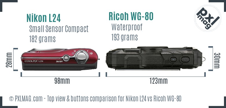 Nikon L24 vs Ricoh WG-80 top view buttons comparison