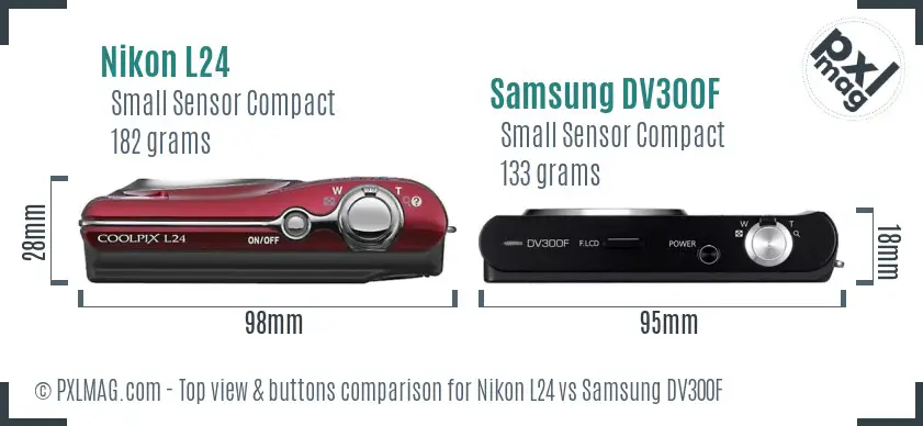 Nikon L24 vs Samsung DV300F top view buttons comparison Nikon L24 vs Samsung DV300F top view buttons comparison