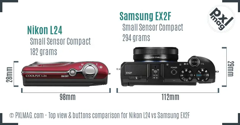 Nikon L24 vs Samsung EX2F top view buttons comparison
